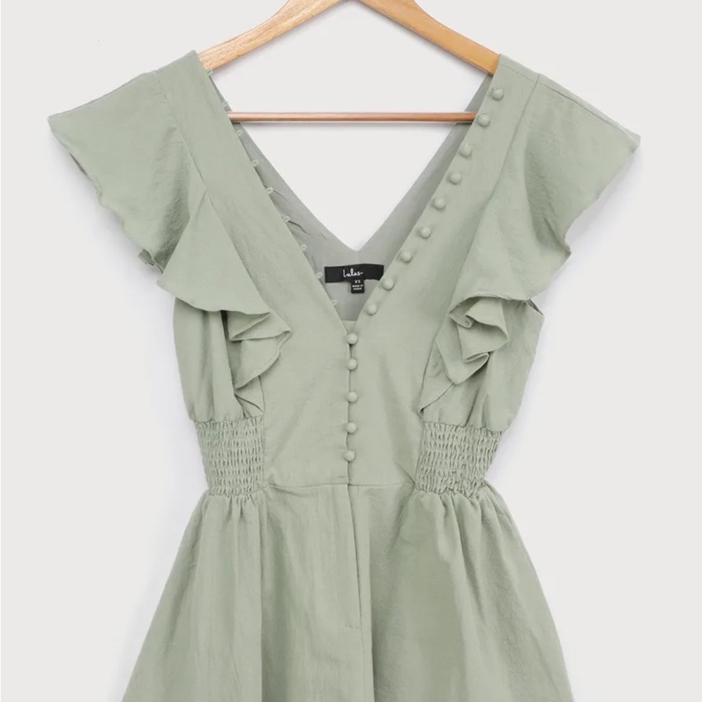 Lulus Sage Green Ruffled Button-Front Romper Size… - image 2